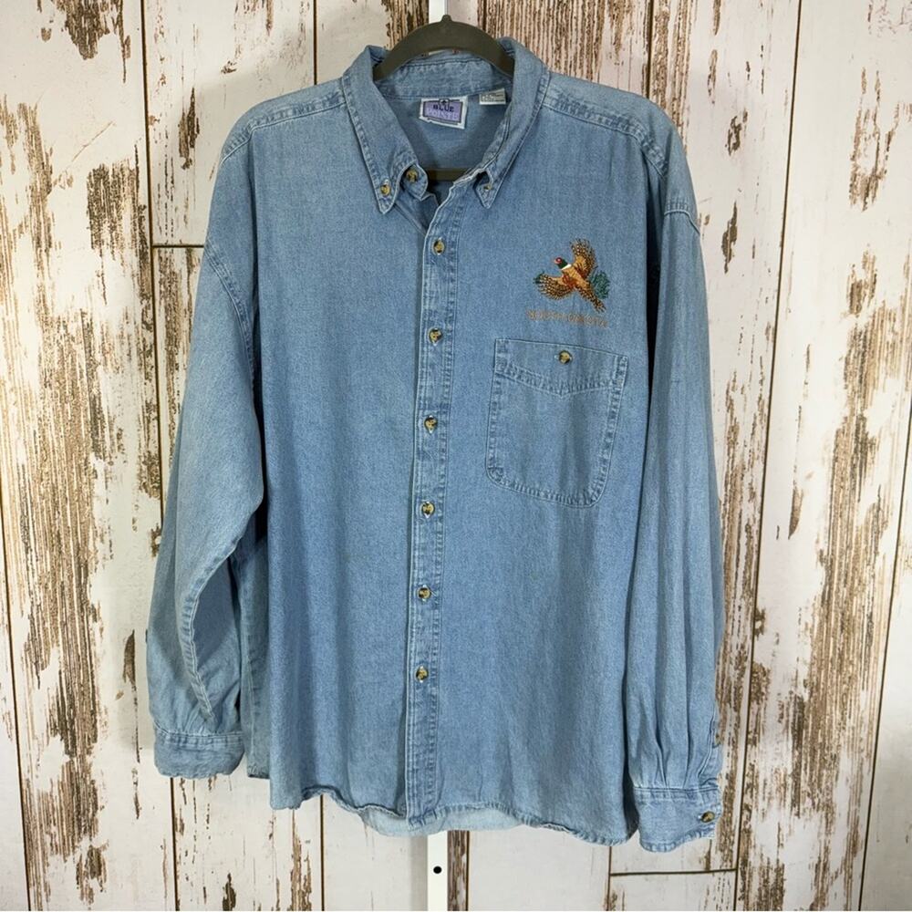 Blue Pointe, Men's Blue Denim Shirt with Pheasant Embroidered Design. Size XL.